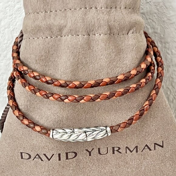David Yurman Sterling Silver Chevron Triple Brown Red Leather Bracelet